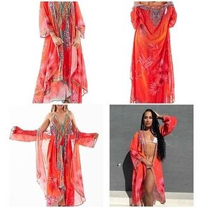 NWT Ranee's Women's Bright Orange Tropical Duster Swimsuit Cover Up Size OS